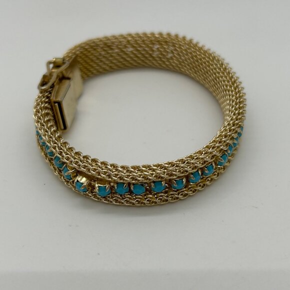 Vintage Gold-Tone Mesh Bracelet Faux Turquoise Stones Secure Clasp 1970s - Picture 7 of 16